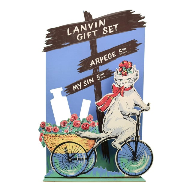 Lanvin Paris Arpege/ My Sin Gift Set Advert Sign W/ Cat on Bicycle For Sale
