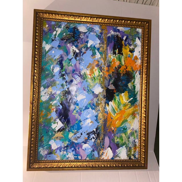 Vintage Large Abstract Impasto Oil Painting With Floral Motifs in a Gold Frame. For Sale In Miami - Image 6 of 12