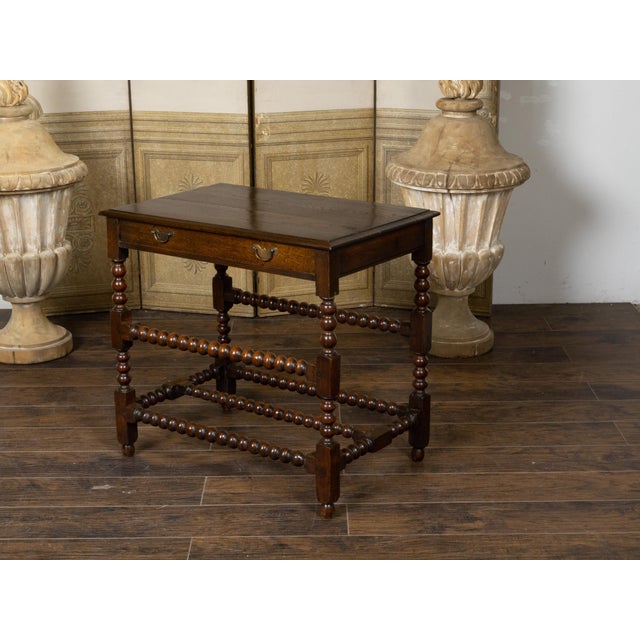 English 19th Century Oak Bobbin Leg Table with Single Drawer and Cross Stretcher For Sale - Image 10 of 12