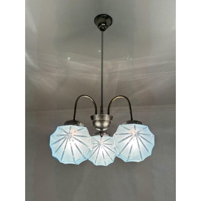 Art Deco 3-Armed Chandelier with Blue Glass Shades, Europe, 1930s For Sale - Image 4 of 11