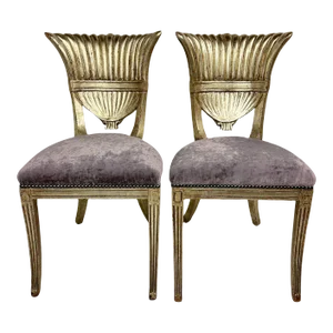 1980s Harris Marcus Vintage Shell Back Silver Leaf Chairs With Lilac Velvet - a Pair