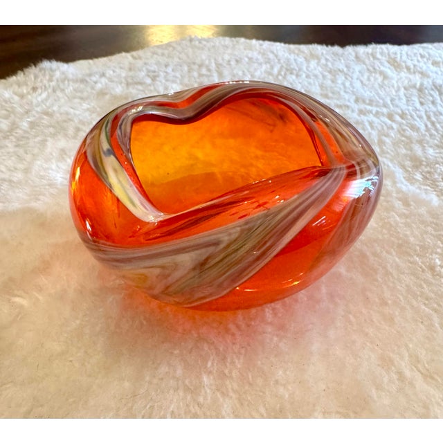 Orange Orange Art Glass Ashtray Hurricane Eye Design Bowl Swirling Ground Pontil MCM For Sale - Image 8 of 8
