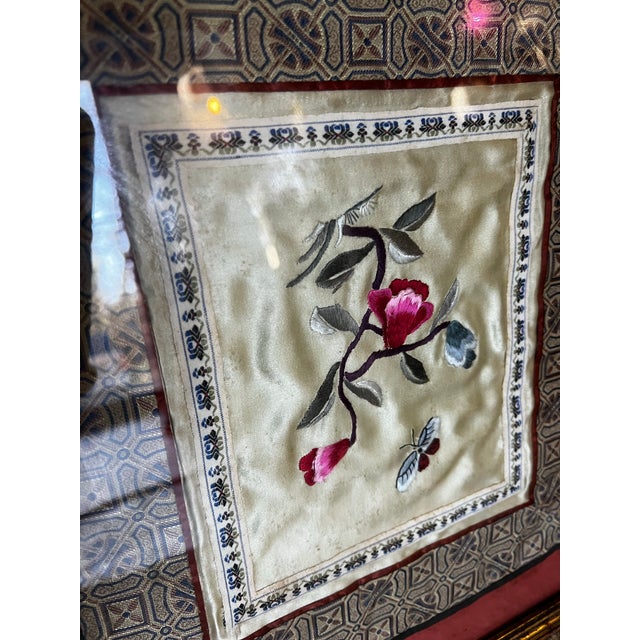 Red Hand Embroidered Vintage Asian Style Silk Artwork, Framed For Sale - Image 8 of 8