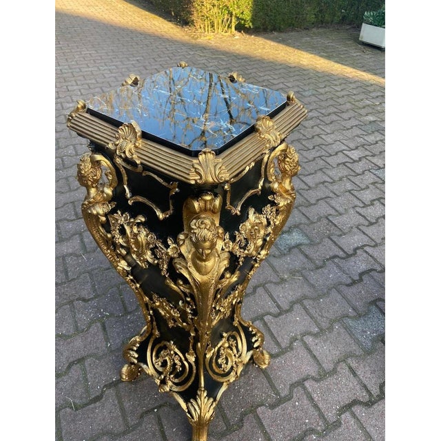 1990 Italian Baroque Black Gold Resin Pedestal W/ Marble Effect Top - 1 Piece For Sale - Image 4 of 11