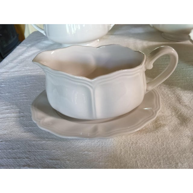 Vintage Sears Federalist White Ironstone Dinnerware Set - (Complete Service for 8 and Serving Pieces) Bonus Free Crystal Wine Glasses - 81 Pieces For Sale - Image 11 of 18
