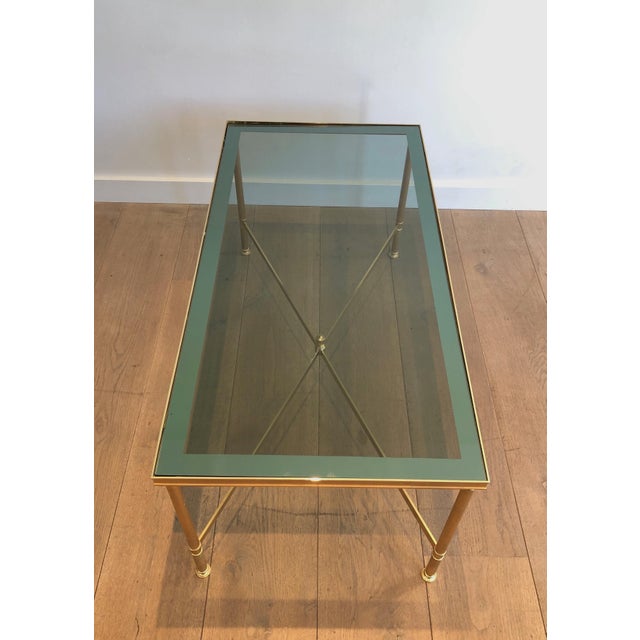 1940s Neoclassical style gold metal coffee table with blueish glass top For Sale - Image 6 of 12
