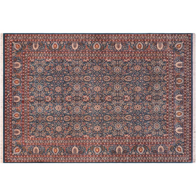 Teal Art Nouveau 1990's Floral Pak-Persian Blue/Blue Wool Rug - 9'11'' X 14'6'' For Sale - Image 8 of 9