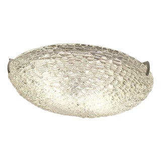 Vintage Flat Ceiling Lamp with Clear Curved Frosted Glass Shade on Chrome-Plated Metal Mount from Hustadt-Leuchten, 1970s For Sale