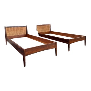 1950s Pair of Danish Modern Rosewood and Cane Twin Headboard Bed Frames For Sale