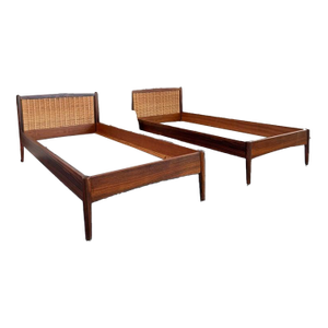 1950s Pair of Danish Modern Rosewood and Cane Twin Headboard Bed Frames