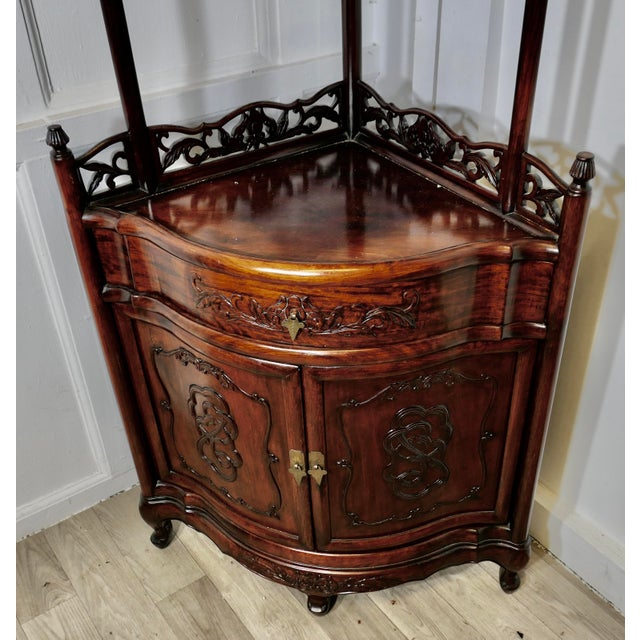 Oriental Style Carved Corner Etagere with Cupboard and Drawer, 1970s For Sale - Image 4 of 9