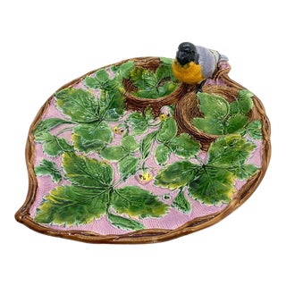 Holdcroft Majolica Strawberry Server With Bird, Cream and Sugar Wells, Ca. 1875 For Sale