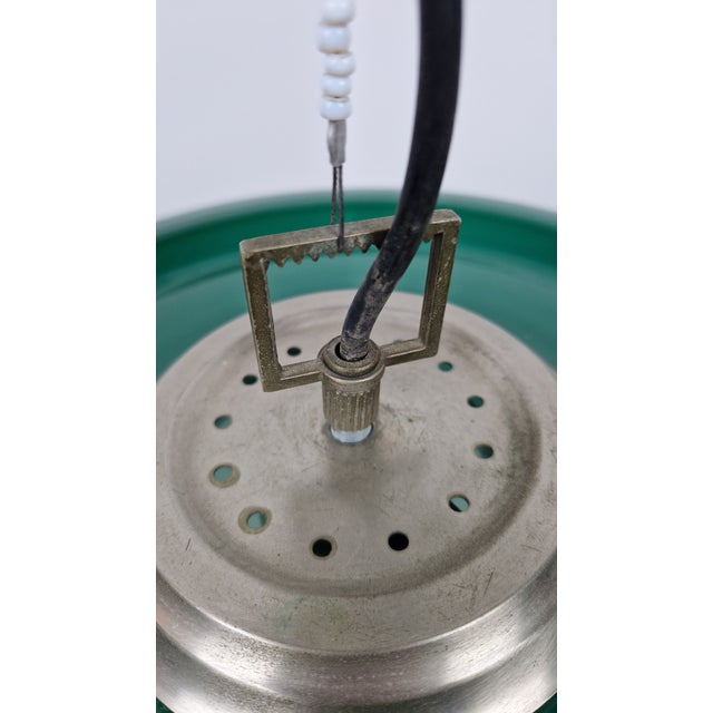 Metal Vintage Pendant Light in Green Glass with Milky Sphere Candle, 1960s For Sale - Image 7 of 11