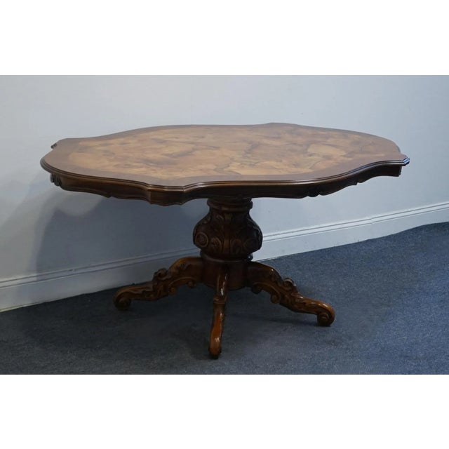 Antique Vintage Renaissance Revival Burled Walnut 68" Pedestal Dining Table For Sale - Image 4 of 5