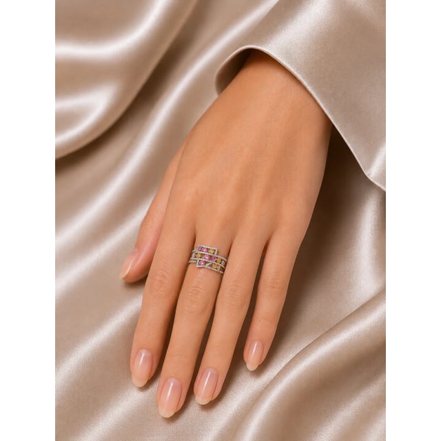 Modern Late 20th Century 14K White Gold Diamond Multi Color Sapphire Band Ring Estate, Size 7.25 For Sale - Image 3 of 3