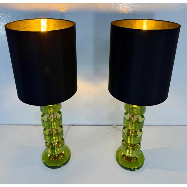 Italian Green Emerald Murano Glass Discs and Brass Lamps with Black Lampshades, 2000s, Set of 2 For Sale - Image 3 of 15