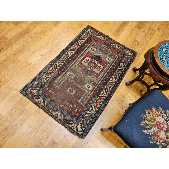 Antique Fachralo Kazak Area Rug in Red, Sage Green, Ivory, Blue For Sale - Image 13 of 14