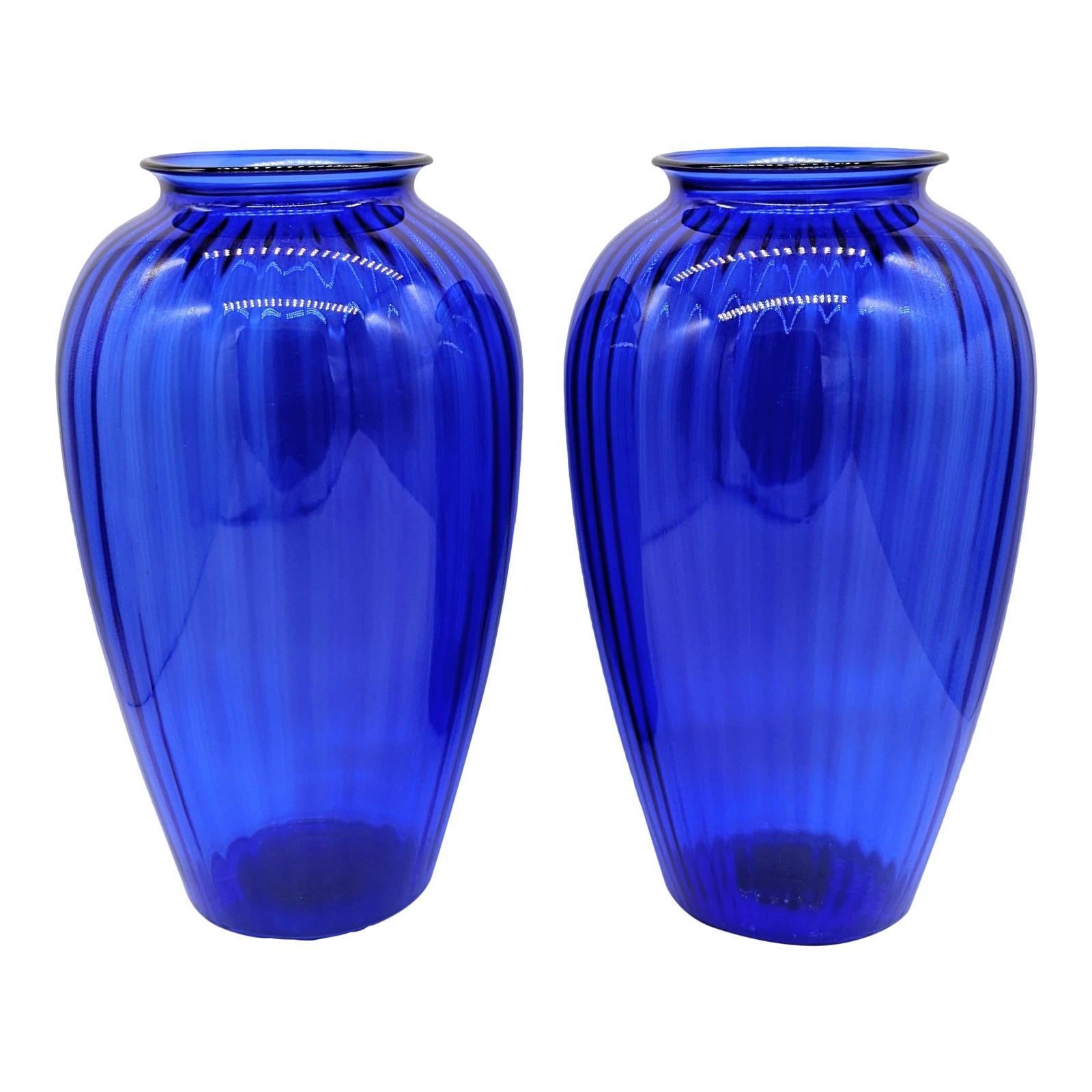 Large Vintage Anchor Hocking Cobalt Blue Ribbed Glass Vases a Pair