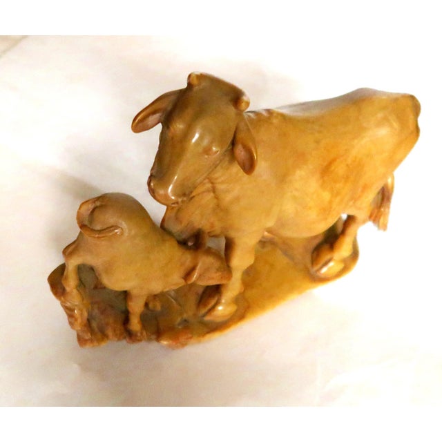 Mid 20th Century Japanese Yellow Jasper Hardstone Carving of a Cow and Calf For Sale - Image 5 of 16