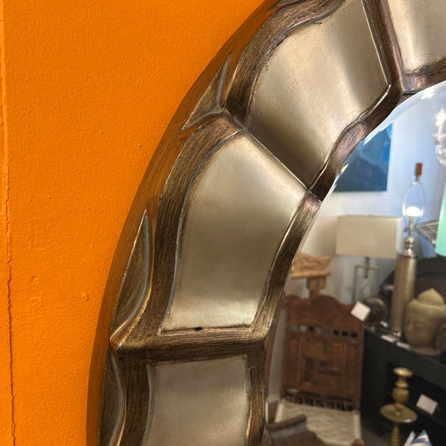 Wood Silver and Gold Antique Finish Pedal Shape Round Wood Wall Mirror For Sale - Image 7 of 8