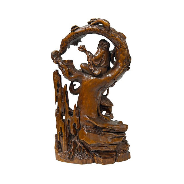 1990s Legendary Sage Damo Bodhidharma on Pine With Crane Wood Art Figure For Sale - Image 5 of 9