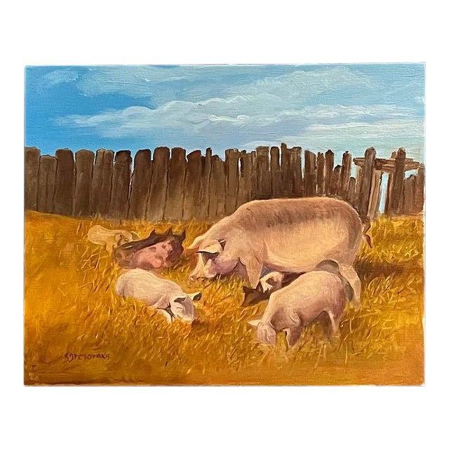 Oil Painting on Birch Board of a Mother Hog With Piglets For Sale
