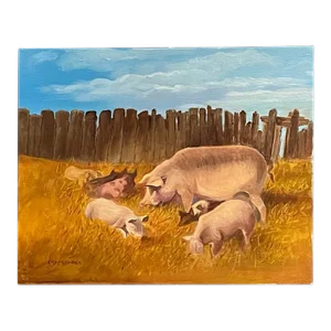 Oil Painting on Birch Board of a Mother Hog With Piglets