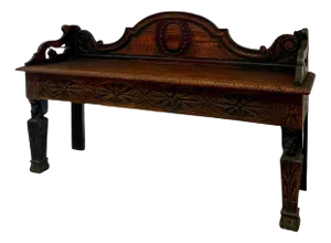 1920s Antique Victorian Carved Oak Hall Bench Intricate Floral Design Entryway Furniture