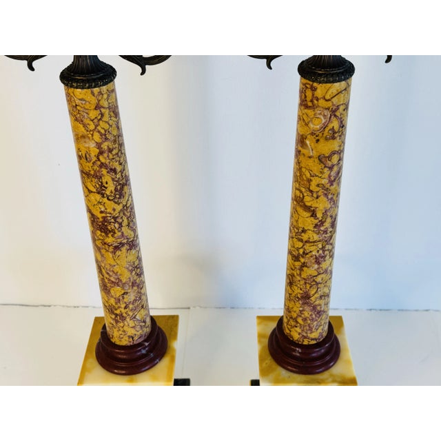 Metal Late 20th Century Italian Marble Candle Pillars With Serpant Metal Accents, a Pair For Sale - Image 7 of 9