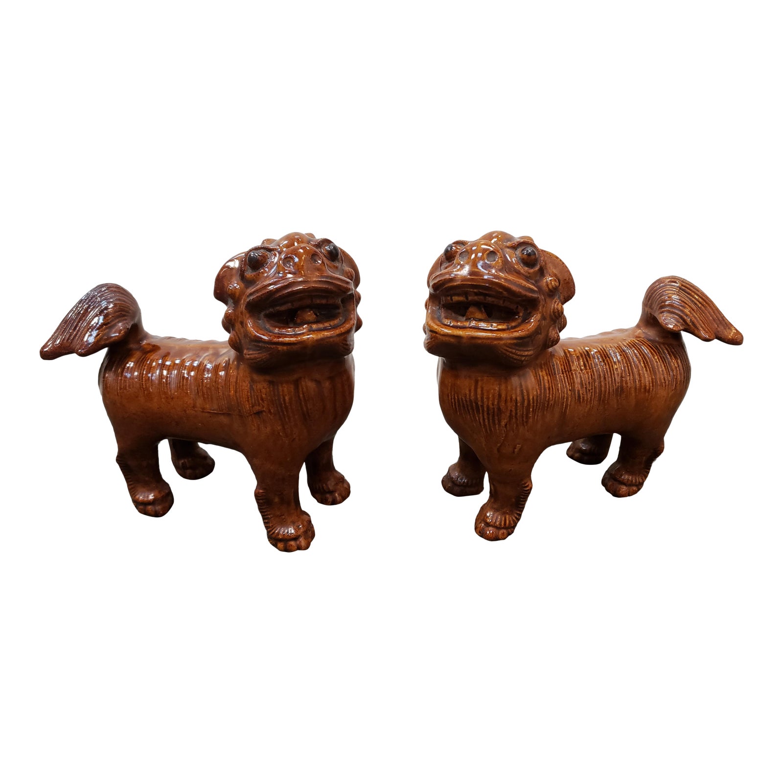 Circa 1900 Japanese Brown Glazed Clay Shisa Dog Statues a Pair Chairish