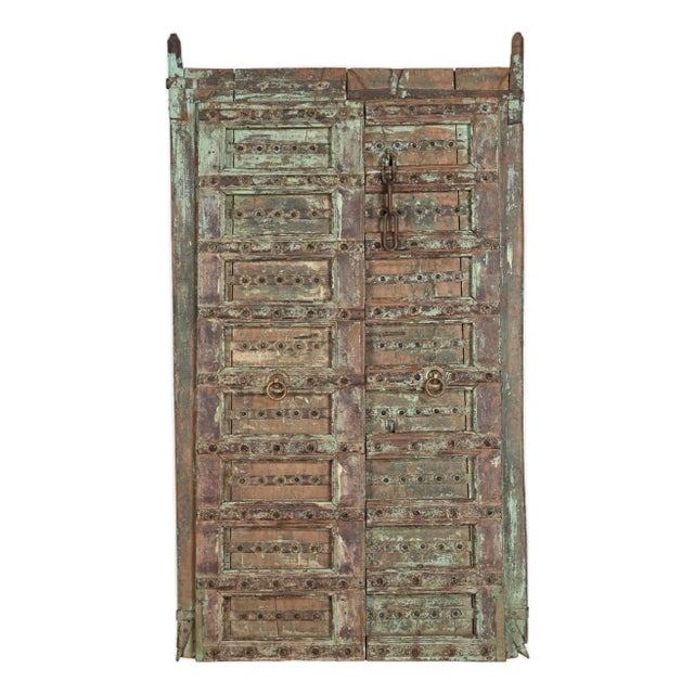 Antique Indian Carved and Painted Teakwood Gujarati Door For Sale