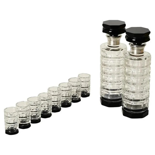 Italian Art Deco Crystal Decanters and Glass Set with Silver Details, 1930s, Set of 10 For Sale - Image 14 of 14