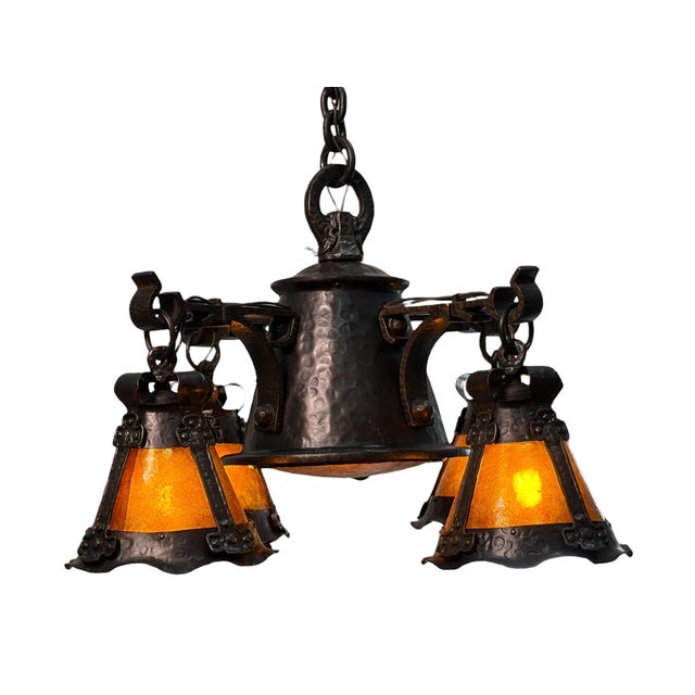 Beautiful arts and crafts five light fixture with dark brown patinated copper finish. We added new mica and a fresh coat...