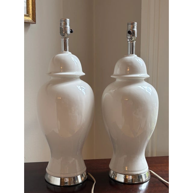 1960s White & Chrome Ginger Jar Table Lamps — A Pair For Sale - Image 13 of 17