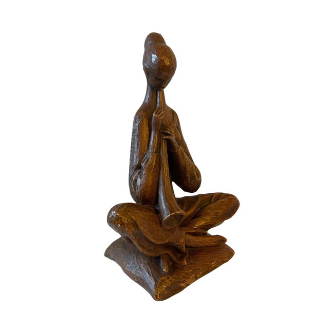 Mid Century Sculptured Ceramic Composite Woman Playing Flute Vintage Sculpture Statue Singed Excellent Room Accent