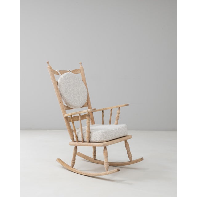 20th Century French Spindle-Back Oak Rocking Chair with Bouclé Cushions For Sale In Greensboro - Image 6 of 18