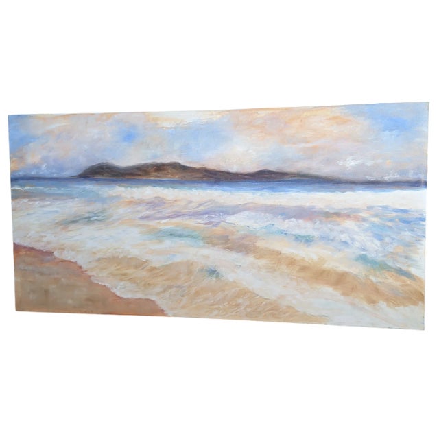 Original Seascape Oceanside Painting on Canvas featuring Pastel Hued Waves crashing along the sandy shore, with Cotton...