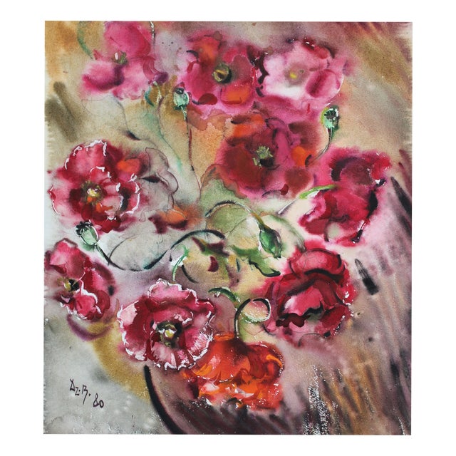 Dzidra Bauma, Poppies, 1980, Watercolor For Sale