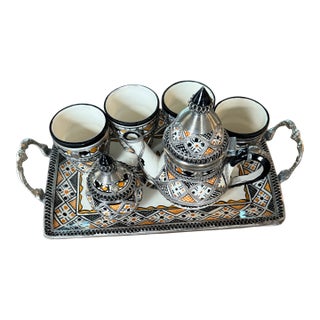 Moroccan Tea Set With Silver Filigree Overlay For Sale