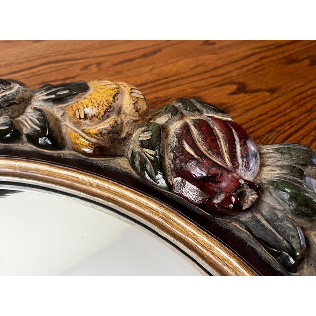 1980s Vintage La Barge Hand-Carved & Hand-Painted Italian Fruit Motif Beveled Round Wall Mirror, 30⅛" For Sale - Image 5 of 12