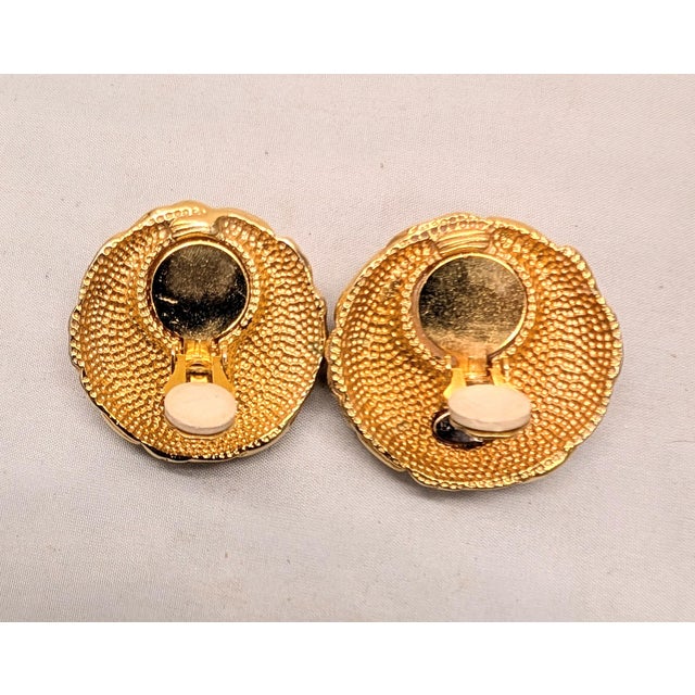 Metal Vintage 1980s Signed Escada Round Goldtone Faux-Onyx Cabochon Clip Earrings-2 Pieces For Sale - Image 7 of 7