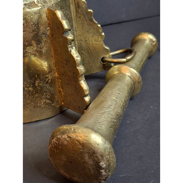 Metal Museum Antique Heavy 18lb Bronze Mortar and Pestle Ribbed Fins Suspension Ring Judaica Sourced J Greenstein For Sale - Image 7 of 18