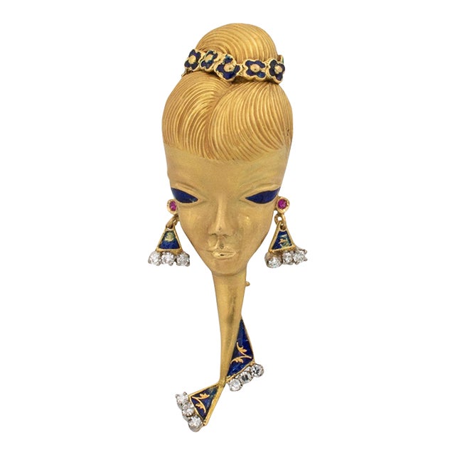 Vintage 18k Yellow Gold Diamond Blue Enamel Face Pin Brooch For Sale