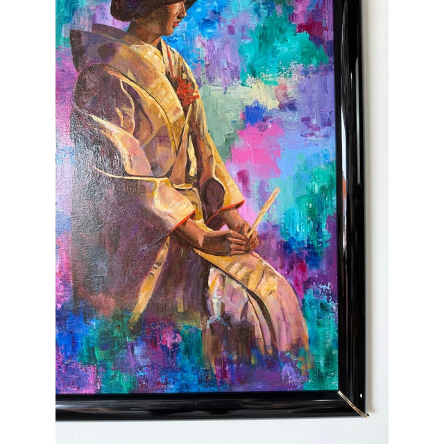 1980’s Marion Swartz Japanese Lady Oil Painting – Vibrant Impressionist Portrait, Black Lacquer Frame For Sale - Image 10 of 11