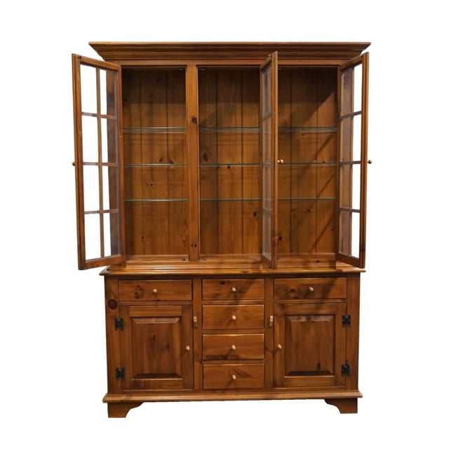 Ethan Allen Ethan Allen Country Craftsman Solid Knotty Pine Early American Country French 62" Buffet W. Lighted Display China Cabinet 19-6326 / 19-6328 For Sale - Image 4 of 15