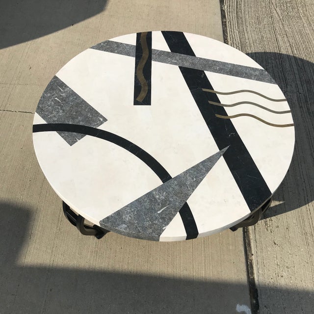 Contemporary Tavola Oggetti Memphis Style Marble and Brass Inlay Coffee Table For Sale - Image 3 of 8