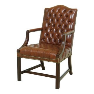 Chippendale Style Tufted Leather Open Arm Chair For Sale