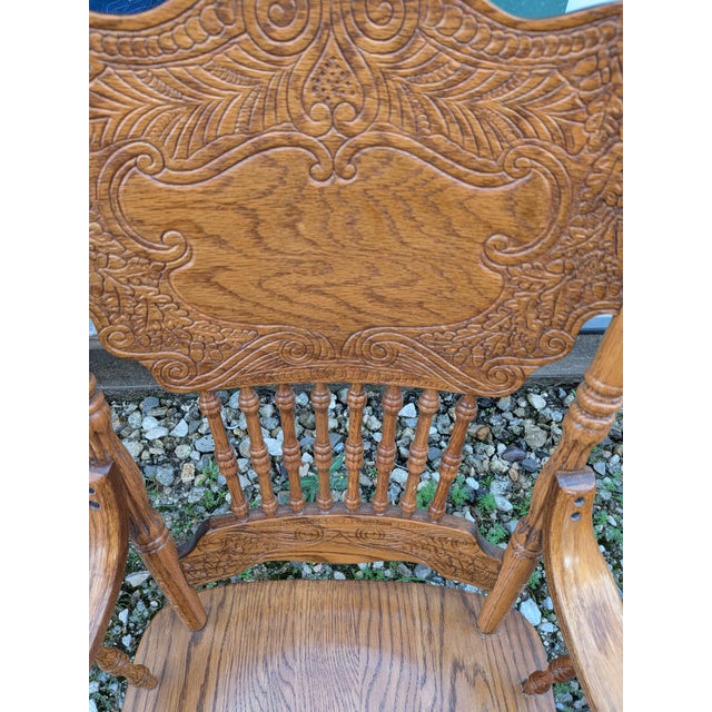 Brown Mid-Century Carved Oak Press Back Arm Chair For Sale - Image 8 of 11