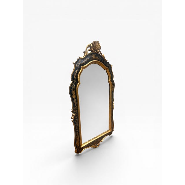 Chinoiserie Vintage Italian Venetian Style Black & Gilt Chinoiserie Wall Mirror For Sale - Image 3 of 9