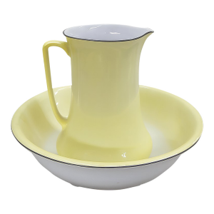 Antique English Gibson’s Enamel Pitcher & Bowl Washstand Set — Pale Yellow & White